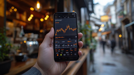 A person holding a smartphone displaying stock market trends in a bustling urban street during the early evening. Generative AIの素材