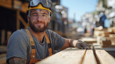 A skilled construction worker smiles while preparing wooden beams at a bustling job site during daylight hours in an urban setting. Generative AIの素材
