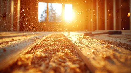 Sunlight streaming through windows illuminates wood shavings in a newly constructed home at sunset, creating a warm atmosphere. Generative AIの素材