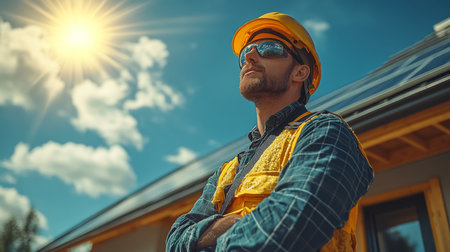 Construction worker confidently overseeing solar panel installation on a bright sunny day at a residential building site. Generative AIの素材