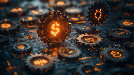Digital gears and currency symbols interconnect on a futuristic circuit board background, representing technology and finance. Generative AIの素材