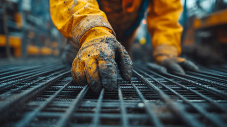 Construction worker laying steel rebar in a construction site on a cloudy day while preparing for concrete pouring. Generative AIの素材