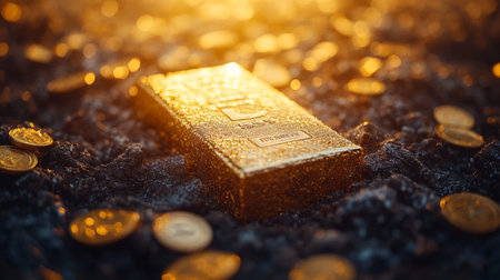Shiny gold bar resting on dark surface surrounded by scattered coins illuminated by warm light in soft focus. Generative AIの素材