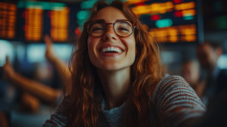 A young woman with curly hair and glasses smiles brightly in a bustling trading room filled with screens displaying stock prices. Generative AIの素材
