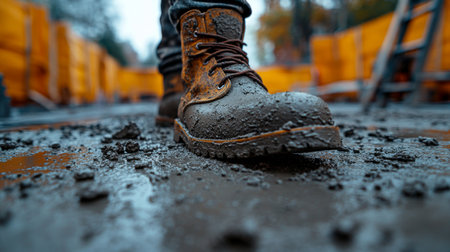 Worker in muddy construction boots walking on a wet site marked by construction materials and yellow barriers on a rainy day. Generative AIの素材