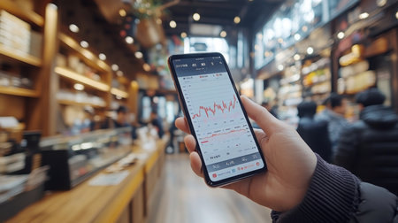 A person checking stock market trends on a smartphone while in a bustling urban marketplace during daytime. Generative AIの素材