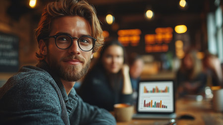 Young man with glasses engaging in discussion at a coffee shop while analyzing charts on a laptop during a productive meeting. Generative AIの素材
