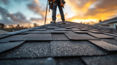 Roofer working on a residential roof at sunset, showcasing skilled craftsmanship and the beauty of construction. Generative AIの素材