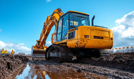 Excavator operates on muddy construction site under a bright blue sky, showcasing heavy machinery in action during daylight. Generative AIの素材