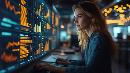A focused woman analyzes data on a large screen in a modern office late at night. Generative AIの素材