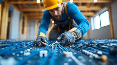 Construction worker organizes electrical wiring on a job site while preparing for installation during daylight hours. Generative AIの素材
