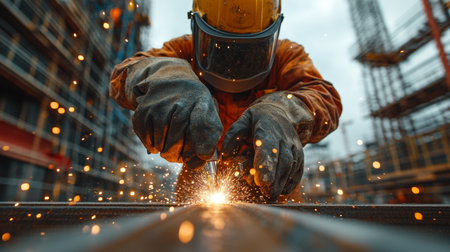 Construction worker welding steel beams at a bustling construction site during the day with sparks flying around. Generative AIの素材