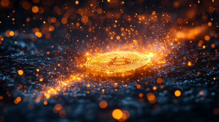 Digital representation of a Bitcoin coin amidst swirling orange and gold particles against a dark background in a futuristic setting. Generative AIの素材