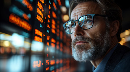 A thoughtful businessman analyzes stock market trends on a digital display during a busy trading day in an office environment. Generative AIの素材