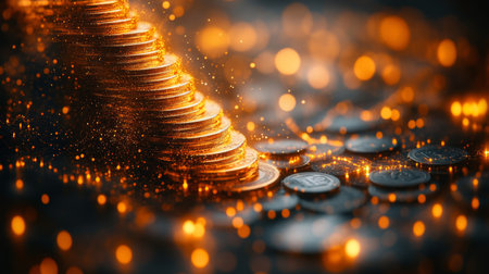 Stacks of shimmering coins glowing warmly in a dimly lit environment reflecting wealth and abundance during evening hours. Generative AIの素材