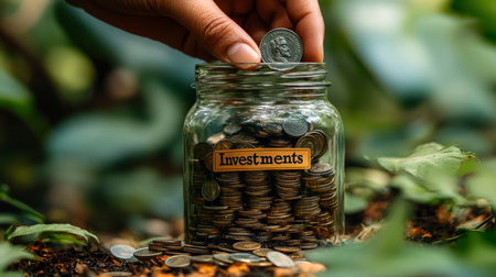 Person placing a coin into a jar labeled investments amidst lush greenery, symbolizing savings and financial growth. Generative AIの素材