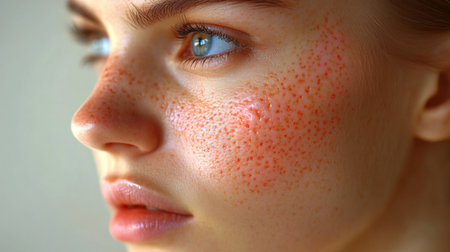 A close-up view of a young woman showcasing her natural freckles in soft lighting during a beauty shoot. Generative AIの素材