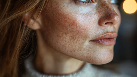 Close-up of a woman with freckles and soft features in a cozy indoor setting during the late afternoon light. Generative AIの素材
