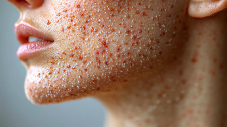Exfoliating treatment revealing fresh skin on a persons chin and jawline during a skincare routine at home. Generative AIの素材
