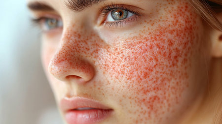A close-up view of a young woman with striking freckles showcasing natural beauty and clear skin during indoor daytime light. Generative AIの素材