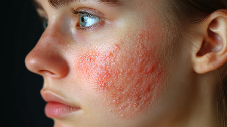 Close-up of a young woman showcasing skin condition with redness and texture irregularities in a dimly lit environment. Generative AIの素材