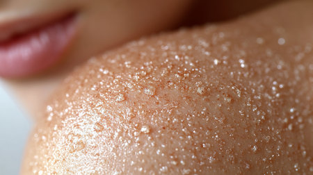 Close-up view of exfoliating scrub on smooth shoulder during a skincare routine in a bright bathroom. Generative AIの素材