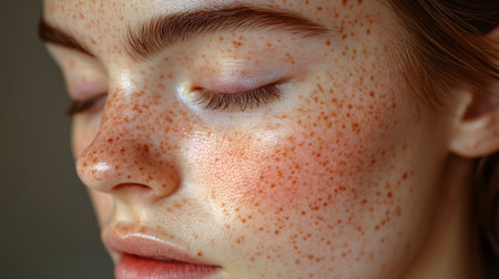 A close-up of a young woman with freckles showcasing her natural beauty during soft natural light indoors. Generative AIの素材