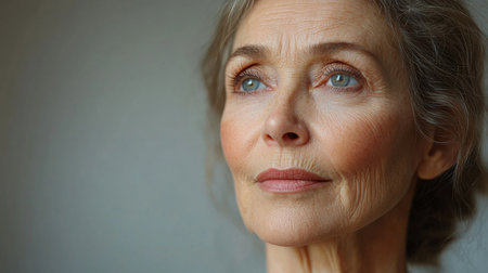 Senior woman with gray hair gazing thoughtfully towards the light in a softly lit room during the late afternoon. Generative AIの素材