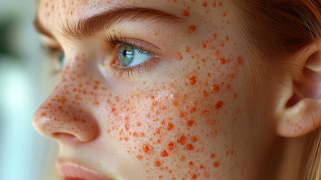 Close-up of a young woman with striking freckles and skin texture in natural light, showcasing details and imperfections. Generative AIの素材