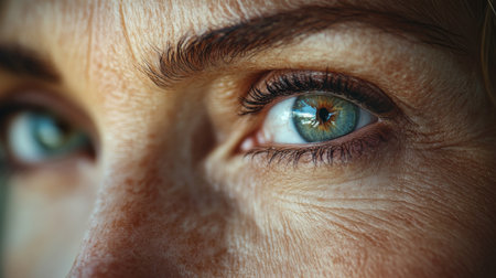 Close-up of a persons striking blue eye, showcasing intricate details of the iris and surrounding skin tones in natural light. Generative AIの素材