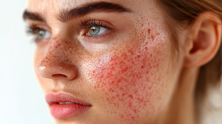 Close-up of a young woman with freckles and skin evidence of redness, highlighting natural beauty and uniqueness in bright lighting. Generative AIの素材