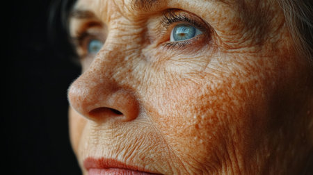 Close-up of an elderly womans face showcasing beautiful blue eyes and intricate wrinkles amid soft natural lighting indoors. Generative AIの素材