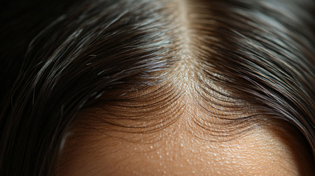 Close-up of a well-groomed hair part with smooth strands against a dark background, showcasing fine texture in natural light. Generative AIの素材