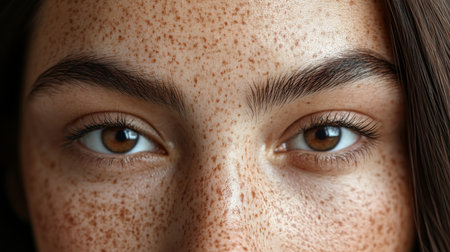 A close-up portrait of a young woman showcasing striking freckles and captivating brown eyes filled with emotion and depth. Generative AIの素材