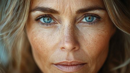 Close-up of a woman with striking blue eyes and natural beauty, captured in soft lighting with a serene expression. Generative AIの素材