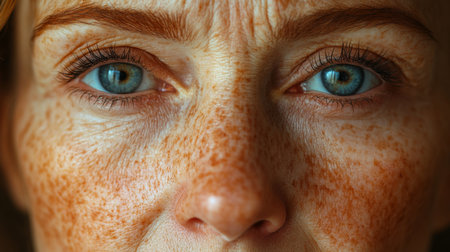 Close-up of a woman with freckles and striking blue eyes, highlighting natural beauty and facial features in soft lighting. Generative AIの素材