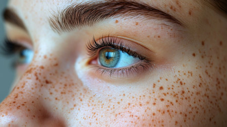 Close-up of a young person with striking green eyes and freckles, showcasing natural beauty in soft light indoors. Generative AIの素材