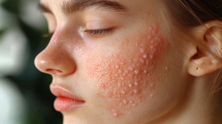 Young woman with skincare issues showing textured skin and blemishes in a close-up portrait with natural lighting. Generative AIの素材