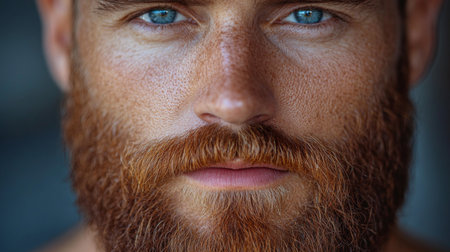 Close-up portrait of a man with striking blue eyes and a full red beard in natural light against a soft background. Generative AIの素材
