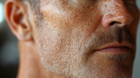 Close-up of a mans face highlighting facial texture and expressions in a well-lit indoor setting during the afternoon. Generative AIの素材