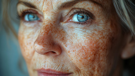Close-up portrait of a woman with striking blue eyes and distinctive freckles captured in natural light during daytime. Generative AIの素材