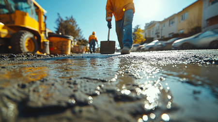 Workers repair a street in a residential area while sunlight glistens on wet pavement in the bright afternoon. Generative AIの素材