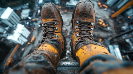 A view from above with muddy boots on a construction site in an urban area on a cloudy day. Generative AIの素材