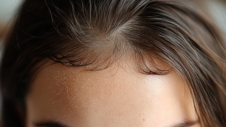 Close-up of a persons forehead and hairline, highlighting natural texture and subtle details in soft light indoors. Generative AIの素材