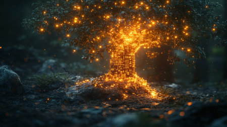 A luminous tree surrounded by glowing orbs in a serene forest setting at twilight, creating a magical atmosphere. Generative AIの素材