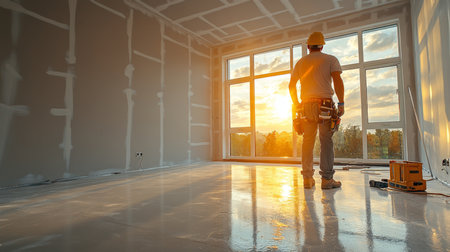 A construction worker admires sunset views from a newly renovated room in an urban apartment at dusk. Generative AIの素材