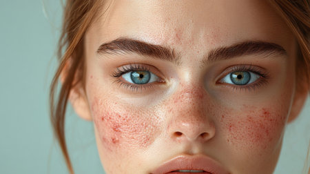 Close-up of a young woman with striking blue eyes and freckles, highlighting natural beauty against a soft background. Generative AIの素材