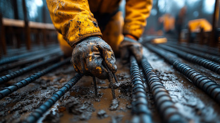 Construction worker ties rebar in a muddy construction site during early morning hours, showcasing the hard work involved. Generative AIの素材