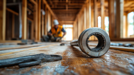 Construction worker uses tools to assemble a wooden structure in a new building during daylight hours on a busy worksite. Generative AIの素材