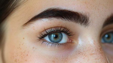 A close-up view of a young persons eye emphasizing natural beauty with clear blue iris and defined brows. Generative AIの素材